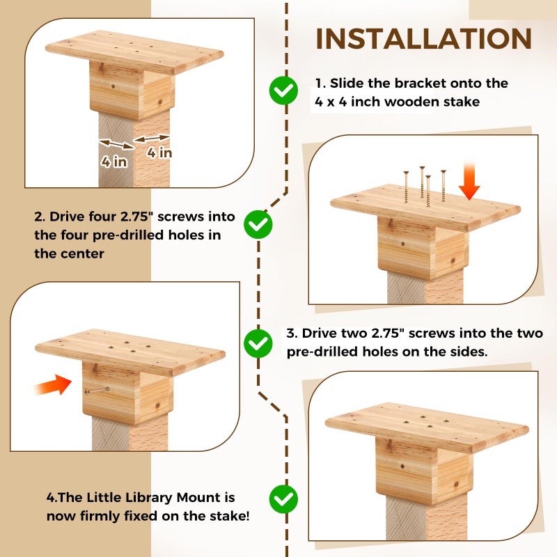 Threehoney Outdoor Little Library Mount 14x8x5.91 Inch Stable Wood Storage Box Bracket Holder Suitable for 4x4 Post with Mounting Accessories for Community Cabinet Lending Library Box(Wood Color) - Image 4